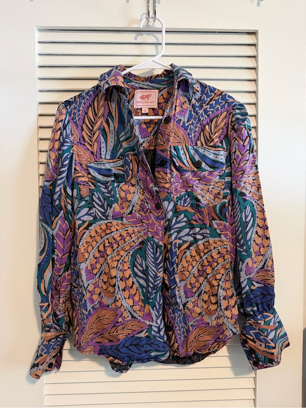 Banjanan Purple Multicolor Leaf-Print Button Down Shirt